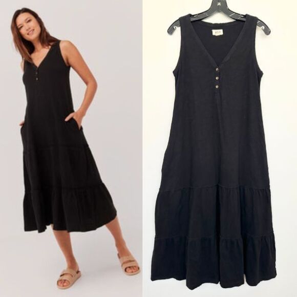 Pact Relaxed Slub Patio Tiered Cotton Sleeveless Dress Black Women's Size Medium - Picture 1 of 11